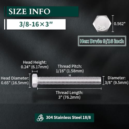 Image of 3 /8-16 x 3 Hex Head Bolts Screws, 304 Stainless Steel 18-8, Fully Threaded, Hexagon Head Cap Bolts Screws, Coarse Thread UNC, 10 PCS