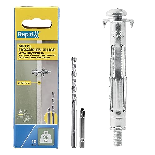 Rapid Hollow Wall Anchors, Pack of 10 Heavy Duty Metal Plasterboard Fixings for 3-20 mm Wall Thickness, 25 kg Load