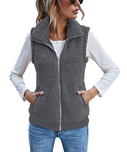 Women's Fleece Vest, Polar Soft Sleeveless Casual Travel Zip Up Vest Jacket with Pockets Grey S