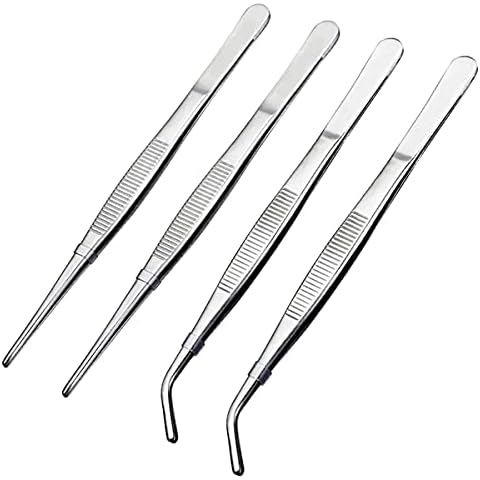 LEFV Stainless Steel Tweezers, 4 Pack Curved and Straight Serrated Tip Multipurpose Forceps for Craft Repairing Garden Tool (8-Inch) Cover