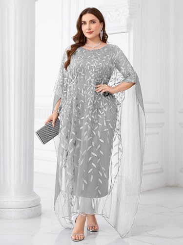 Image of Plus Size Sparkly Formal Evening Gown Sequin Cape Overlay Mother of Bride Dress Wedding Guest Cocktail Party