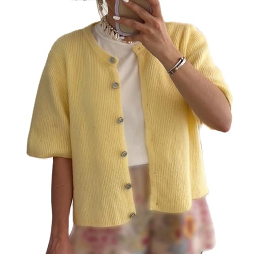 Image of Women Y2k Knitted Crop Cardigan Shirt Short Sleeve Button Down Ribbed Knit Crop Top Outwear Top Tee Shirt
