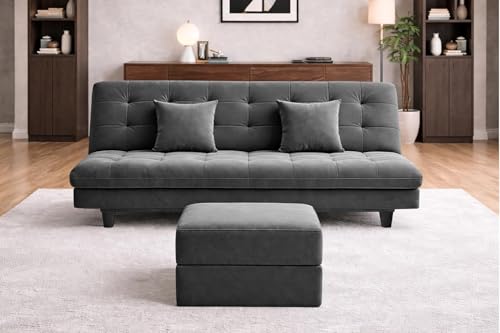 Image of Rosebell Modern Three-Seater Sofa Cum Bed - Foldable Velevt Fabric Sofa, Foam Seating Stylish Design for Living Room, Guest Room & Office - Grey Color