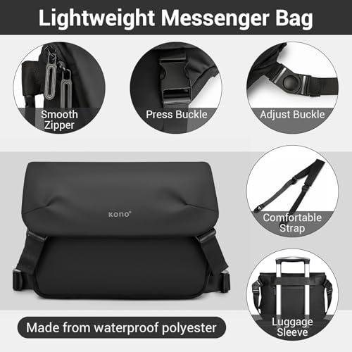 KONO Messenger Bag, Umhängetasche Herren wasserdichte, Leichte Freizeit Crossbody Tasche mit Mehreren Fächern für 13 Zoll Laptop (Schwarz)