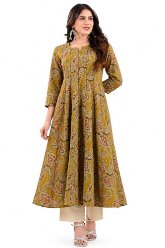 Image of Rimeline Women's Cotton Anarkali Kurta | Printed Flared Ethnic Kurti with 3 /4 Sleeves | Festive & Casual Wear