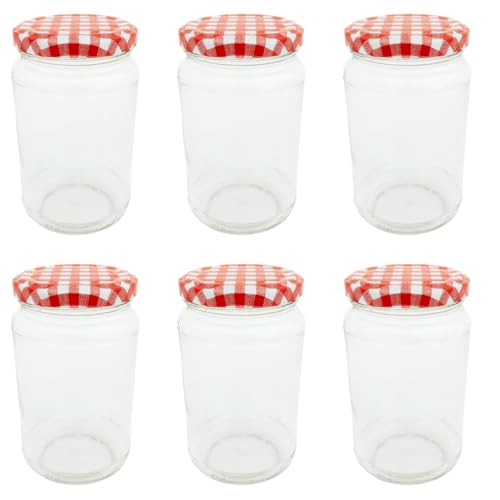 Bramley & Sage 375ml 1lb Round Glass Jam Jars with Red Gingham Twist-Off Lids (Set of 6)
