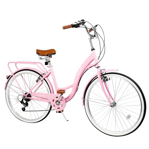 Bicicleta playera para mujeres de 26 pulgadas, 7 velocidades, frenos V, neumáticos antideslizantes y portaequipaje, asiento ajustable, marco ligero, conducción cómoda y suave, color rosa miniatura 1