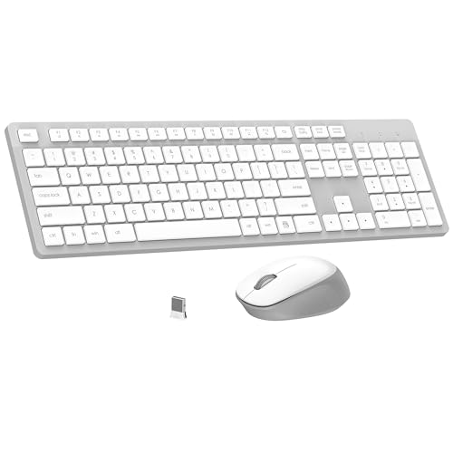 LeadsaiL K786 Kabellose Tastatur und Maus Combo, 2,4 GHz verzögerungsfrei, volle Größe, ergonomische Tastatur, leise Maus für Windows Mac PC Laptop, 12 FN Shortcuts, lange Akkulaufzeit - Weiß und Grau