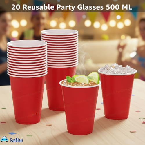 Image of FunBlast Party Drinking Glasses - 20 Pcs | 500 ML Reusable Beer Pong & Cocktail Cups | Leakproof, Strong & Durable Plastic Glass Set for Parties, Events & Celebrations (Red)