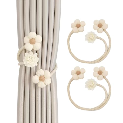 SanKristo 2 Piezas Alzapaños para Cortinas Tejer a Mano, 360 °Rotatable Alzapaños para Cortinas Bohemio, Sin Perforar Hebillas de Cortina Ajustables de Flores para la Cortina Decorativa (Beige)