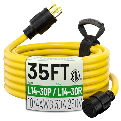 POWGRN 30-Amp Generator Extension Cord (35 Feet) 4-Prong 125/250V 7500W, NEMA L14-30P/L14-30R,10 Gauge STW Locking Power Cord for Transfer Switch, Portable Generators,Yellow 35ft Generator Cable