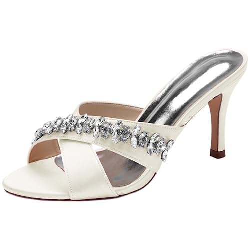 Sandales de mariage talons 8.5 cm confortables et stables en satin ivoire pailleté