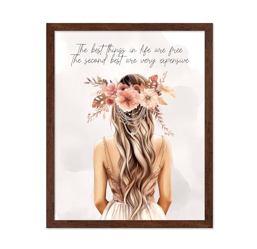 Image of Poster Master The Best Thing In Life Are Free Poster - Fashion Print - Trendy Art - Flower Art - Gift for Women & Fashionista - Funny Glamour Decor for Bedroom or Girl's Room, 16x20 Brown Framed