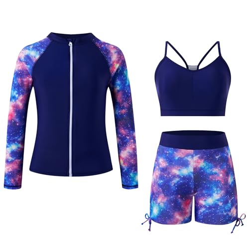 Image of Funnycokid Girls Swimsuit 3 Pieces Long Sleeve Rash Guard Zip Bathing Suits Teens Boyshort 3-14 Years