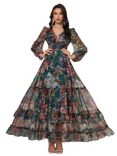 Image of TOLEEN Summer Casual Dresses for Women 2024 Spring Fashion Boho V Neck Long Sleeve Ruffle Floral Print Elegant Maxi Dress