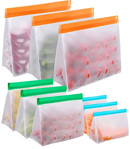 WGCC Reusable Food Storage Bags [9 Pack], Stand UP PA-Free Leakproof Reusable Freezer Bags, 3 Reusable Gallon Bags + 3 Medium Storage Bags + 3 Reusable Snack Bags/Sandwich Bags for Meat/Fruit/Veggies
