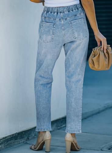 Sidefeel Women's Jeans Ripped Joggers Elastic Drawstring Waist Cargo Denim Pants Size 14 Light Blue4