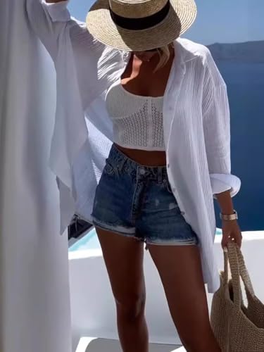 GGOOB Oversized Sequin Evil Eye Shirts Long Sleeve Linen Button Down Shirt Women Beach Cover Ups Summer 20242