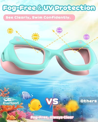 EverSport Kids Swim Goggles 2 Pack, Anti-Fog, Leakproof, UV Protection 180° Clear Wide View No-Pull Strap Water Goggles Pool Swimming Goggles Ages 3-14 6-14 3-6 4-7 8-12 8-14, Boys Girls & Toddler - 3