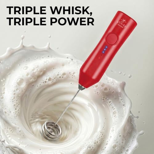Image of Zulay Kitchen Rechargeable Milk Frother Handheld - Frother Wand, Drink Mixer, Electric Whisk Frother, for Cappuccinos, Matcha & Protein Powder - Dynamic Triple Whisk, 3 Speed 500mAh Red