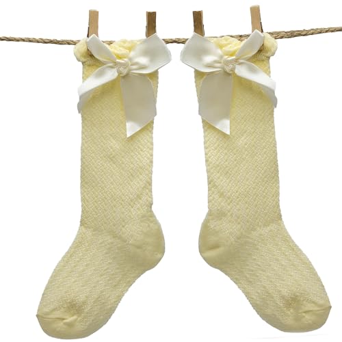 Calcetines Altos De Algodón Con Lazo Para Niños, Medias altas con lazo para niños, Calcetas algodón, Medias infantiles con lazo decorativo, Algodón, Transpirable, Apto hasta 3 años, Amarillo