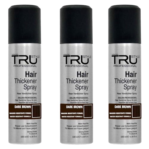 Tru Haarverdichter Spray Dunkelbraun - 3x100 ml Haarauffüller, kaschiert Haarausfall und lichtes Haar, wasserfest, Sofort-Effekt Haarverdichtung