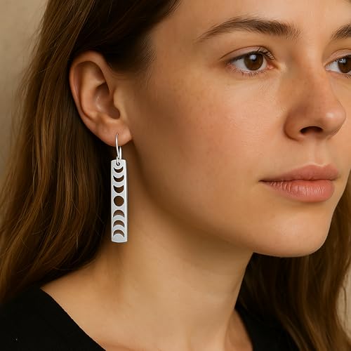Moon Phase Earrings for Women, Silver Boho Earrings, Lunar Cycle Witchy Earrings, Scandinavian Flower Long Bar Earrings2