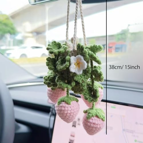 Image of Crochet Car Air Freshener Hanging, Cute Hanging Plant for Cars, Crochet Strawberry Plant with 10ml Empty Refillable Oil Diffuser Bottle, Handmade Boho Car Ornament Charms for Rear View Mirror, Pink