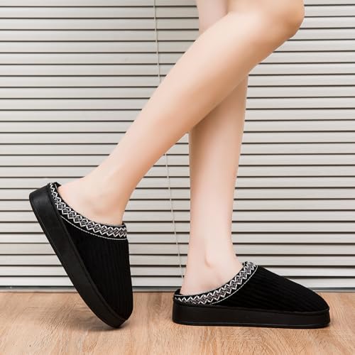 Image of Slippers for Women&Men with Memory Foam Corduroy Closed Toe House Shoes Ladies Winter Warm Comfy Bedroom Women's Slipper Indoor and Outdoor Slip-on Rubber Sole