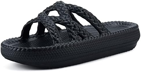 welltree Slides for Women Pillow Slippers Breathable Sandals Shower Shoes Comfort Cloud Slides,Black,7