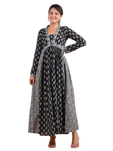 Image of Vbuyz Women's Floral Print Anarkali Cotton Aqua Blue Stitched Kurta | Anarkali Kurti for Women | Kurta for Women