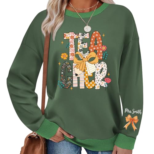 IZI POD Personalized Teacher Pumpkin Shirt, Custom Fall Sweatshirt, Fall Coquette Bow, Autumn Teacher Tee, Gift for Women3