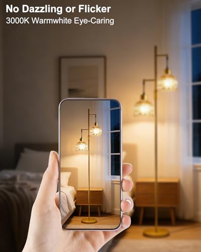 Image of 2-Light Modern Glass Floor Lamp, Gold Standing Tall Lamp with Amber Flower Glass Shade for Reading, Dimmable LED Floor Lamp with 5Lbs Heavy Base for Living Room Bedroom Home Decor, Bulb Included