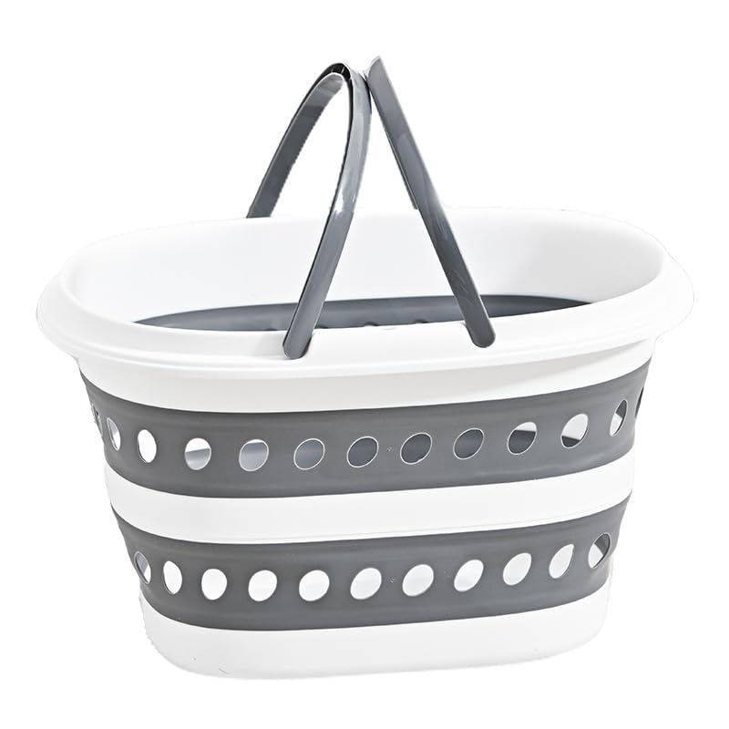 Nyganmelloz Collapsible Laundry Hamper with Handle,Plastic Laundry Basket Foldable Pop-Up Storage Container Oval Tub Space Saving Organizer (Grey,16L, 41L x 32W x 24H cm)