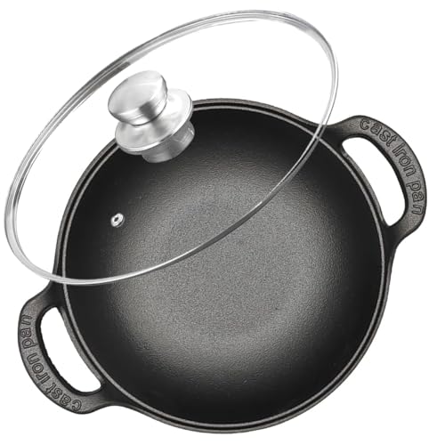Firequasar Cast Iron Wok with Dual Handle Wok with Lid 9 inch