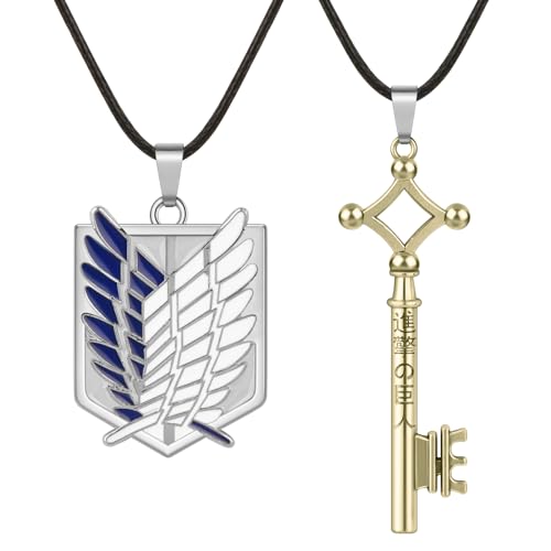 Vancle Anime Aot Eren Key Pendant Attack on Titan Wings of Liberty Survey Corps Pendant Necklace (2PCS (Wings-S+Eren Key-S))