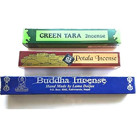 Tibetan Incense 3 box Variety | Buddha Incense x 25 sticks | Green Tara x 19 sticks | Potala incense x 17 Sticks (Total 61 sticks) Cover