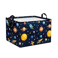 Clastyle Black Cosmic Planet Boys Toy Basket for Kids Room Rocket Stars Foldable Rectangle Clothes Books Baby Storage Basket, 21L