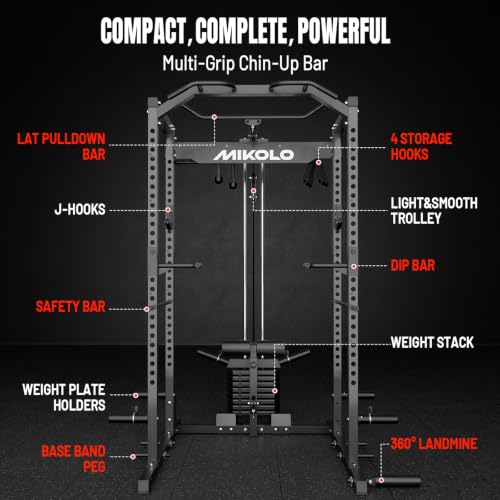 Image of Mikolo F4 2.0 Power Cage with Dual-Track Smooth Pulley System, 1200LBS Power Rack with Leg Hold-Down for Heavy LAT Pulldowns