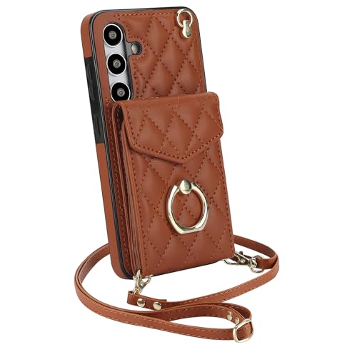 Étui portefeuille Samsung S24 Plus en cuir marron avec porte-cartes et anneau