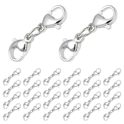 JEYORZY 24pz cierres de langosta de doble apertura, Cierre De Doble Cadena Con Cierre De Mosquetón Extensión De Collar De Cierres Para Collar Pulsera Conector De Cadena Para Bricolaje Artesanos, plata