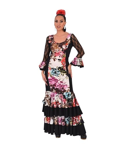 Vestido Flamenco Mujer con Volantes - Traje de Feria o Sevillanas con Mangas de Encaje y Estampado Floral (FR/ES, Letras, S, Regular, Regular, Blanco Multicolor)