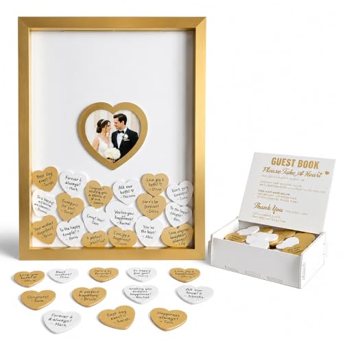 Drezya Gold Wedding Guest Book Alternative Guest Book Wedding Reception Wedding Guest Book with Wooden Hearts Guest Book Signs for Wedding Anniversary Birthday Party Baby Shower