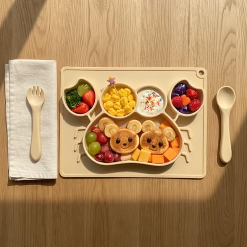 Image of Silicone Baby Meal Plate Set with Spoon & Fork | Crab Shaped | Banana Yellow | 5 Section Divided Plate for Toddlers | Food Grade Kids Feeding Set | Microwave Dishwasher Safe