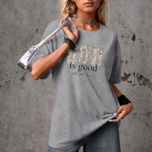 Image of Christian God is Good Shirts for Women Jesus Faith Religious T Shirts Floral Graphic Oversized Acid Washed Tee Tops