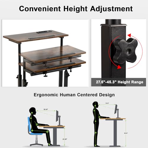 Image of Hadulcet Mobile Standing Desk, Adjustable Standing Computer Desk, Standing Adjustable Laptop Cart with Wheels for Home Office Classroom Rustic Brown