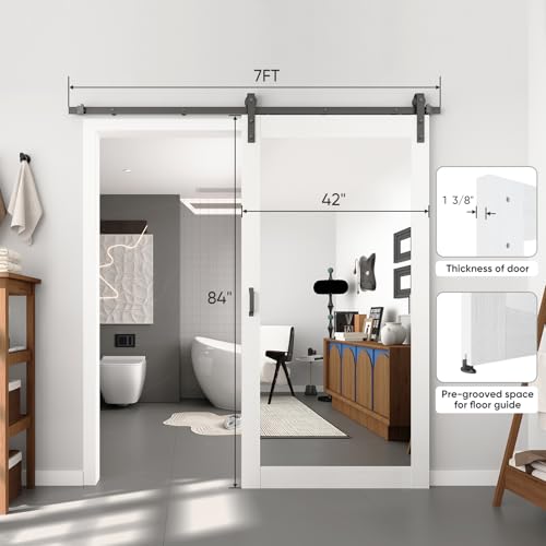 BARNSMITH 42in x 84in Mirror Barn Door with 7FT Sliding Door Hardware Kit Included, 1 Lites Full Length Mirror Door, Solid Wood Water-Proof PVC Surface,No Assembly Required,White by BARNSMITH - Image 7