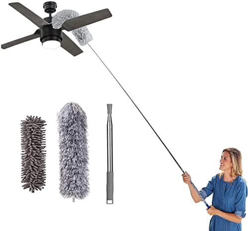 Microfiber Duster for Cleaning, Extendable Cobweb Dusters with 100inch Extension Pole, Bendable Feather Duster for Ceiling Fan, High Ceiling, Blind, Car, House Cleaning Tool Kit