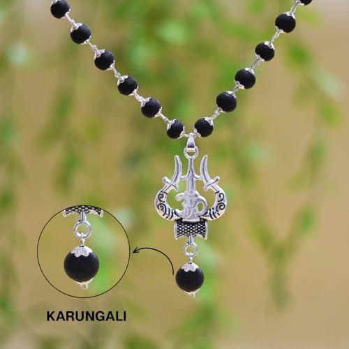 Image of Karungali Black Bead Necklace with Shiva Trishool Pendant | Spiritual Protection Necklace for Men & Women | Authentic Handmade Unisex Spiritual Mala for Energy Balancing & Positivity | Authenticity Certificate Included
