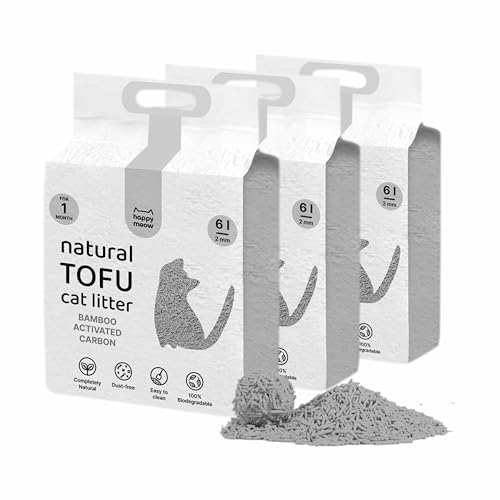 HAPPY MEOW Areia de tofu para gatos (18 litros/7,5 kg) - biodegradável e glomerante instantâneo, baixo em pó, controlo duradouro de odor, ultra absorvente, descartável em casa de banho (carbono